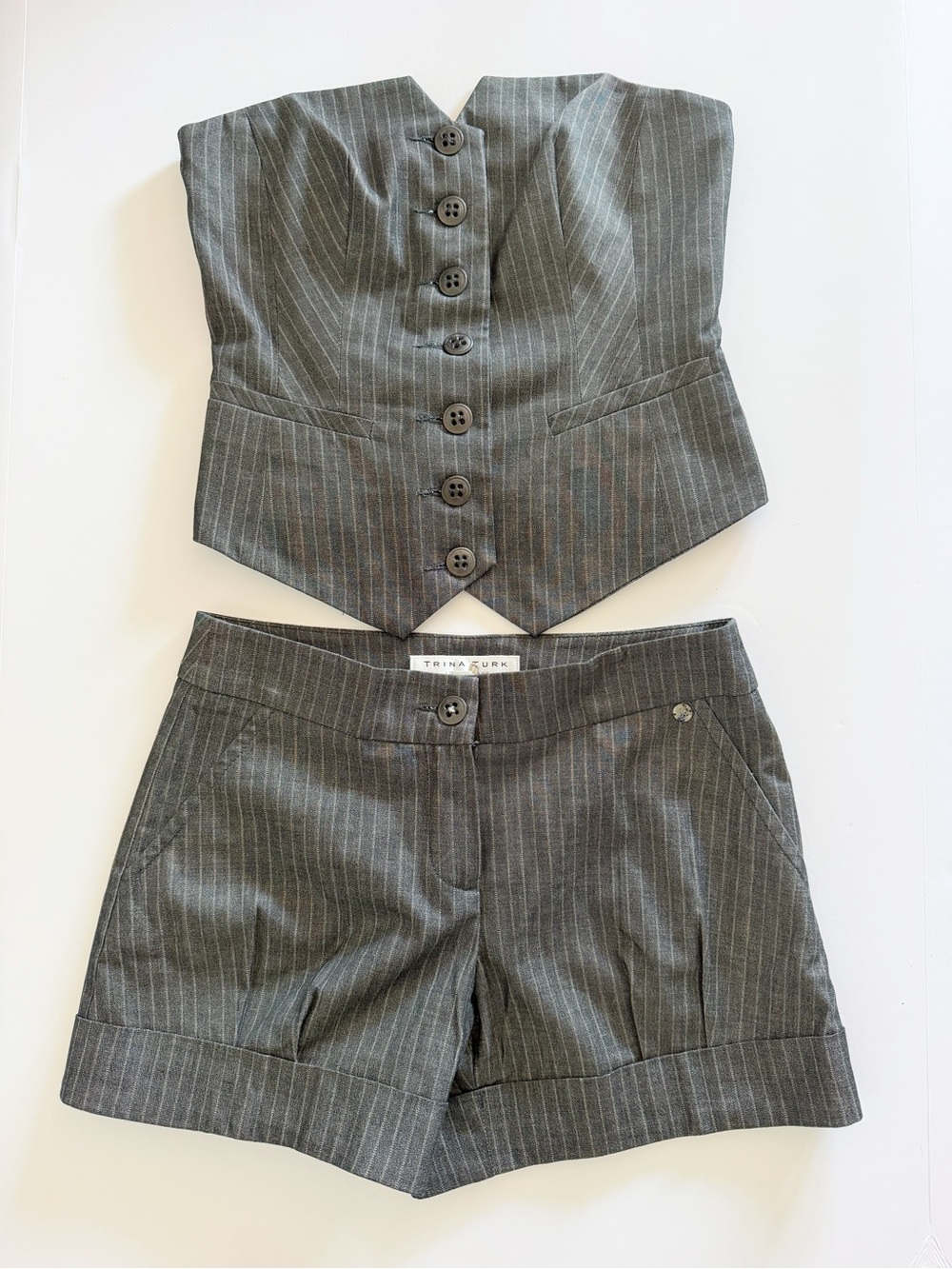 Trina Turk Gray Pinstripe 2-Piece Set - Strapless Vest & Cuffed Shorts Size 0/2
